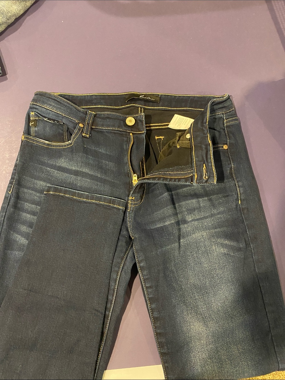 KanCan Women's Dark Blue Straight Leg Jeans with Gold Stitching